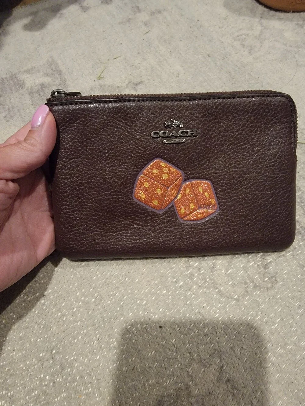 Coach Oxblood/Brown Pebbled Leather Corner Zip Wristet With Orange Dice